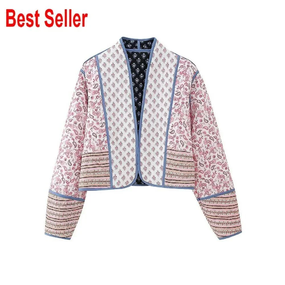 Reversible Quilted Cropped Jacket Floral Print Lightweight Puffer Chic